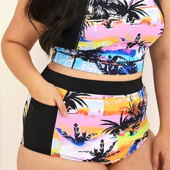 ❤️NWT VINTAGE TORRID SWIM BOTTOM - HIGH RISE POCKETS TROPICAL SUNSET SWIM BRIEF - Picture 2 of 11